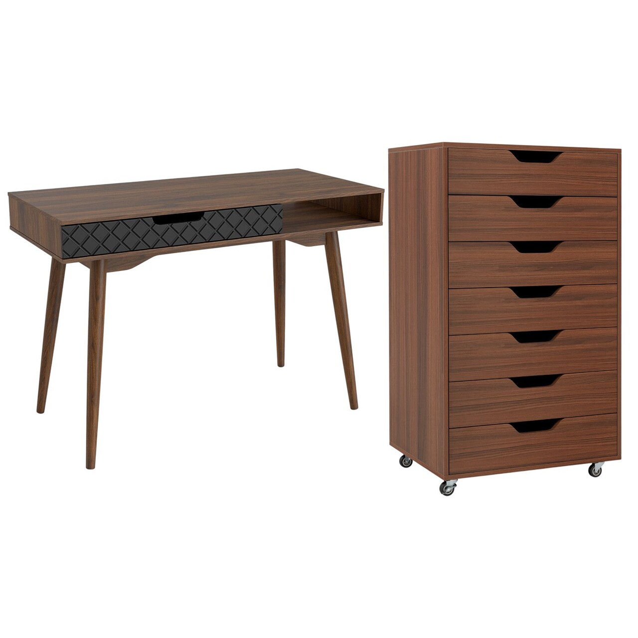 2 Piece Brown Engineered Wood Mid-Century Desk with 7-Drawer Mobile Dresser